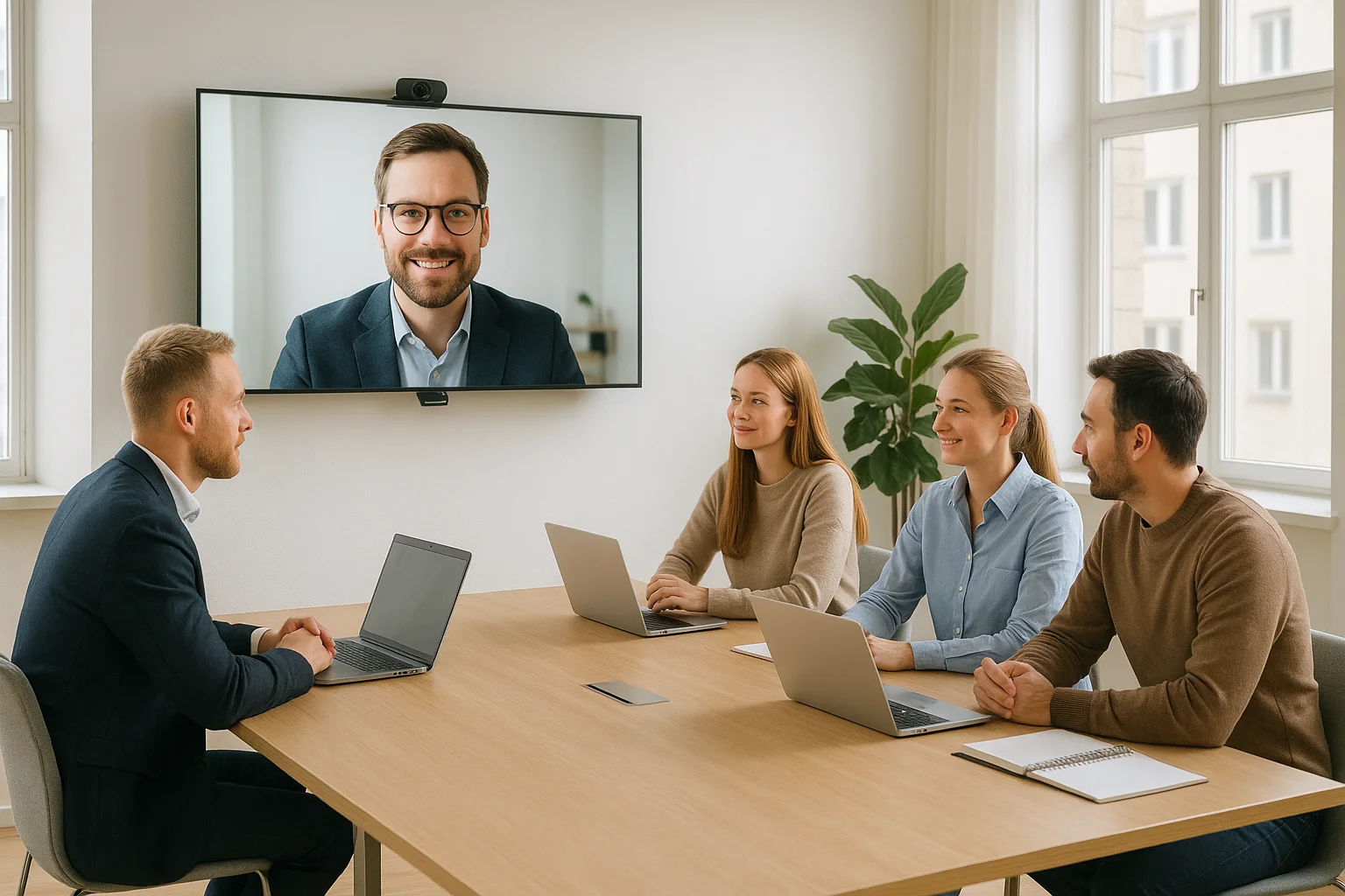 Team collaborating in a modern meeting room with video conference
